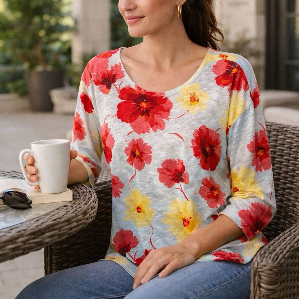 Joie Size Large Floral Linen Blend Top Red Yellow 3/4 Sleeve Lightweight